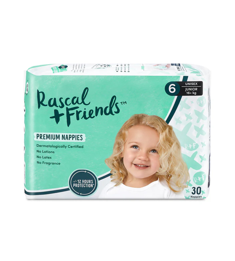 Rascal+Friends Premium Adhesive Junior Kids Nappy Diapers Size 6 (16 Kgs & Above) - 30 Pieces