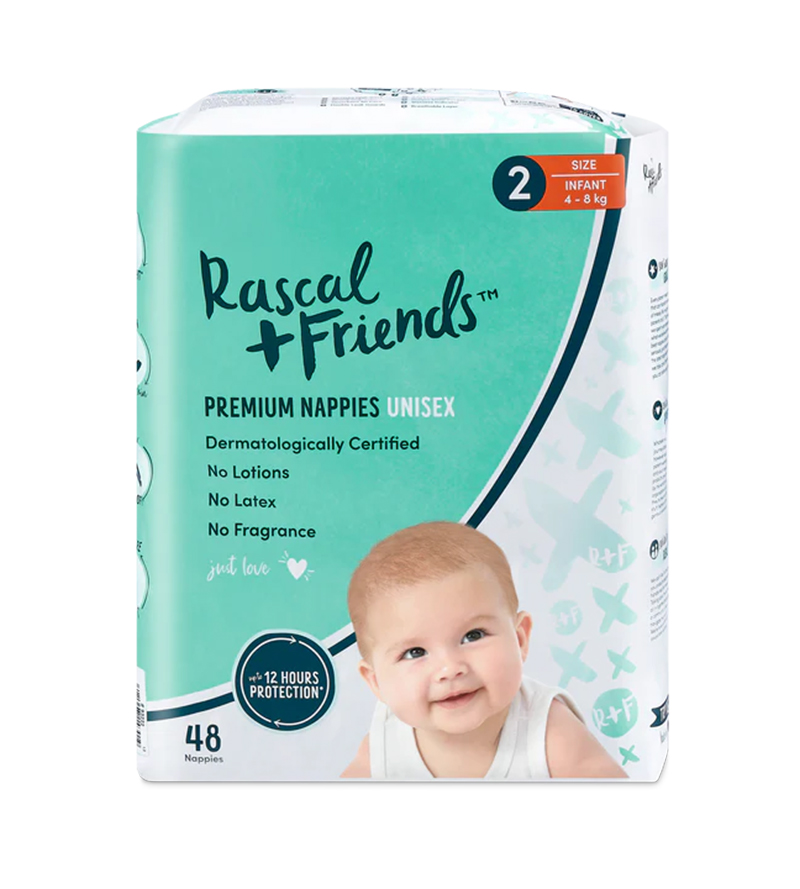 Rascal+Friends Premium Adhesive Infant Nappy Diapers Size 2 (4-8 Kgs) - 48 Pieces